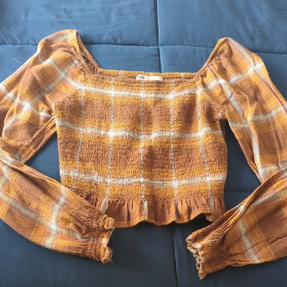 SO Brown Plaid Smocked Blouse